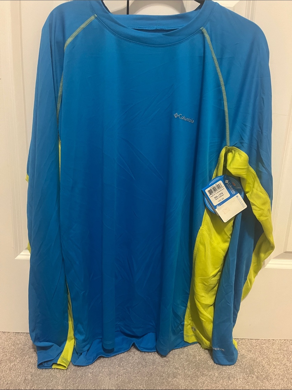 Columbia Men's Bright Blue and Neon Green Long-Sleeve Swim Rash Guard
